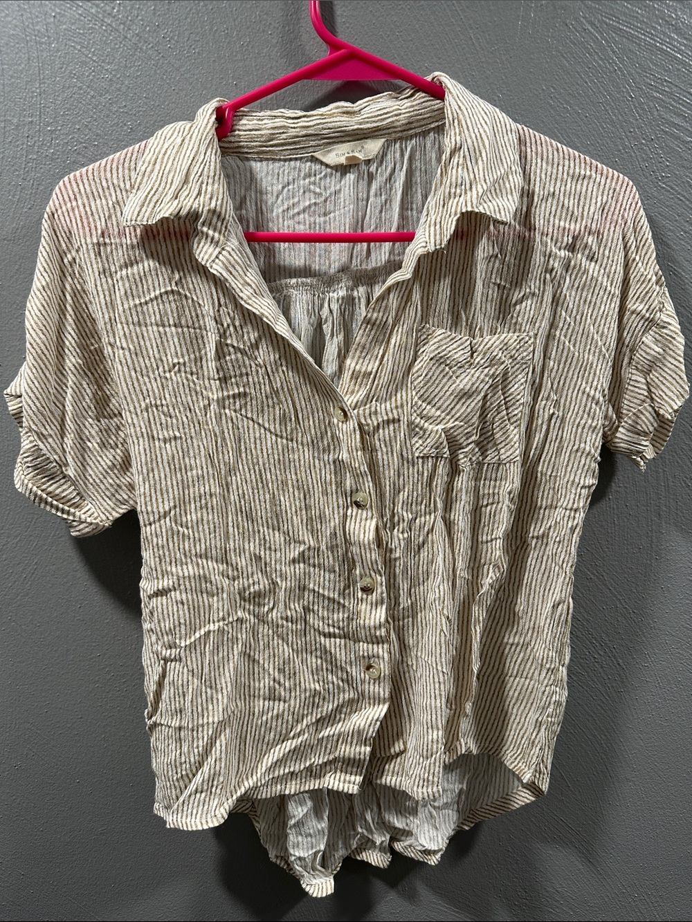 Striped Cream and Brown Short Sleeve Button-Down Shirt